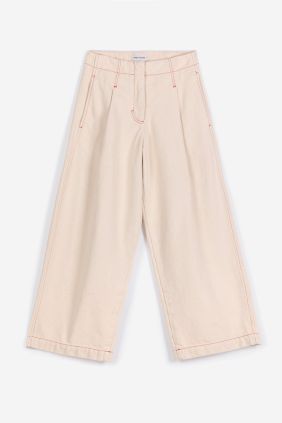 Ecru twill pleated barrel pants