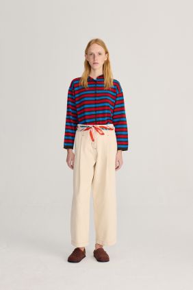 Ecru twill pleated barrel pants